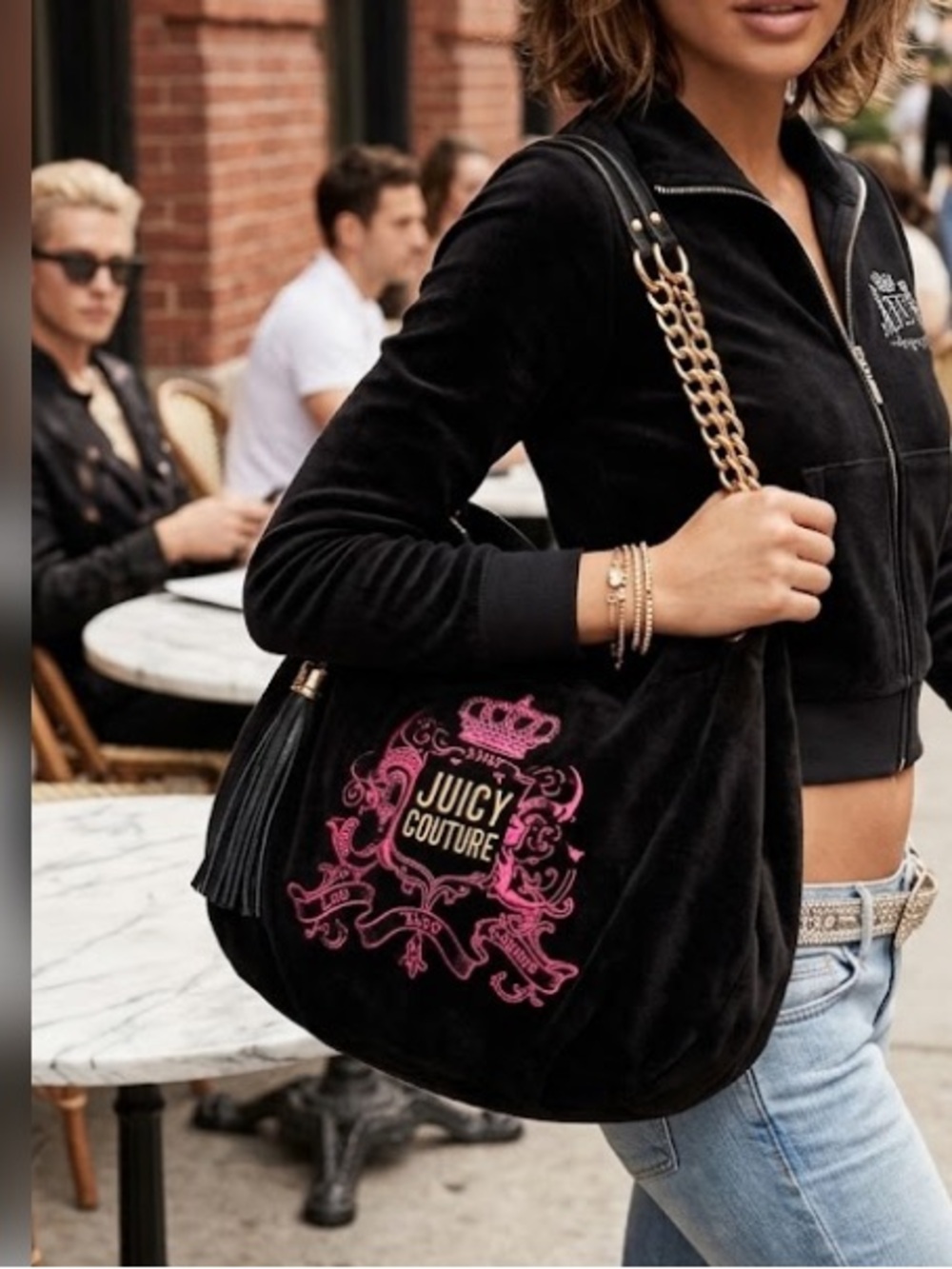 Juicy Couture y2k Black Velour Shoulder Bag with Pink Crest Embroidery